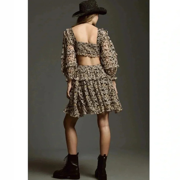 Anthropologie Floral Ruffle Cutout Boho Mini Dress Size Small - Picture 4 of 5